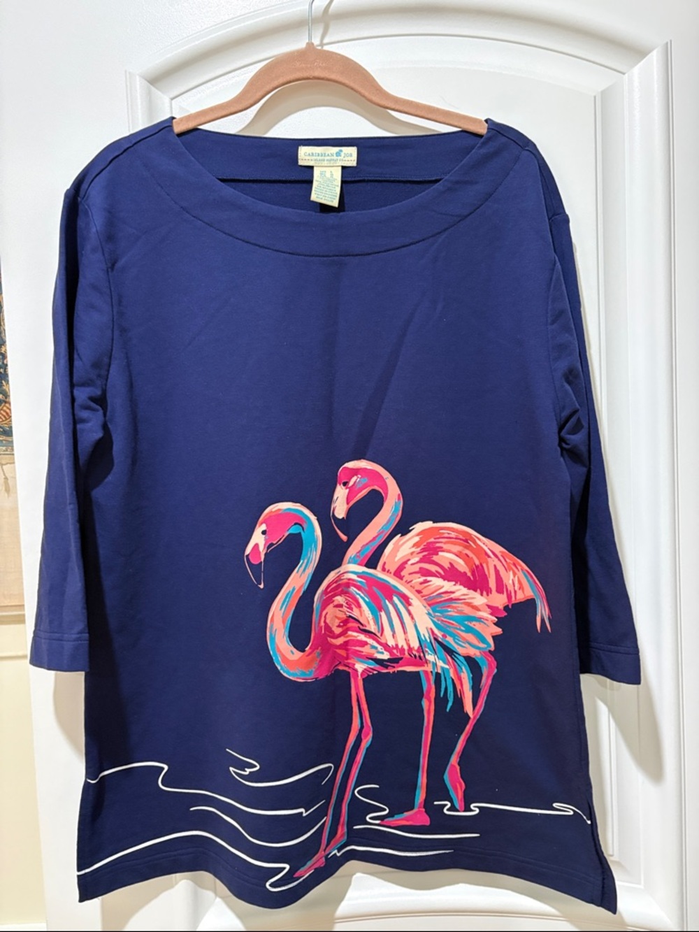 Caribbean Joe Navy Top with Pink & Teal Flamingo Print - Picture 2 of 14